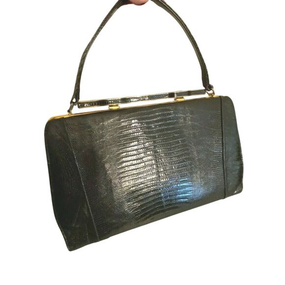 Vintage Mid Century Top Handle Purse Black / Brown Lizard Skin Textured Leather - Picture 3 of 10
